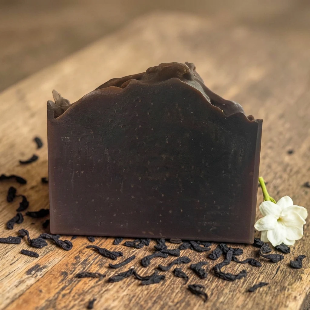 Midnight Tea Soap, a dark handmade bar with white jasmine blossoms and loose black tea leaves on weathered wood