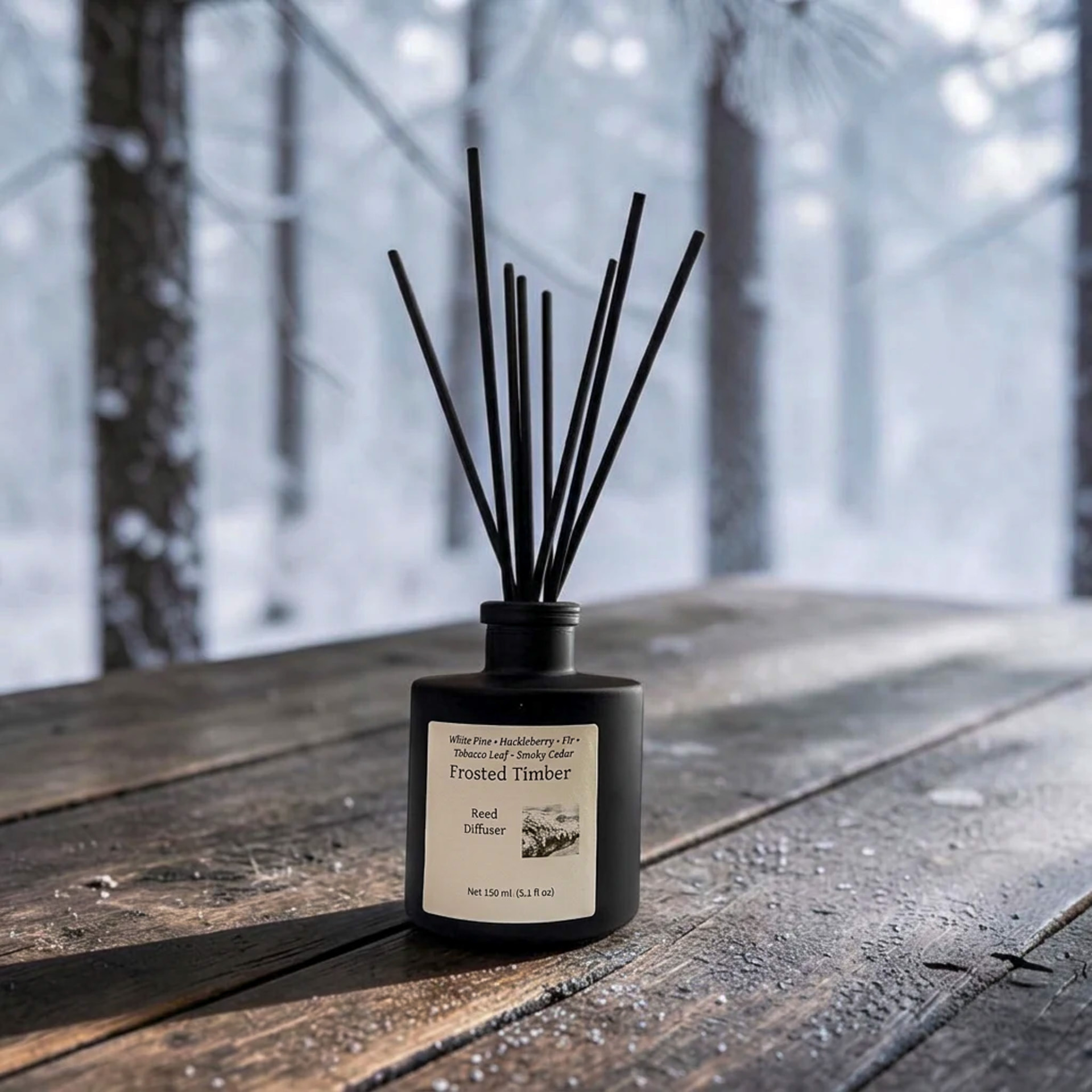 Frosted Timber Reed Diffuser, a matte black bottle with black reeds standing on weathered wood with a snowy forest in the background