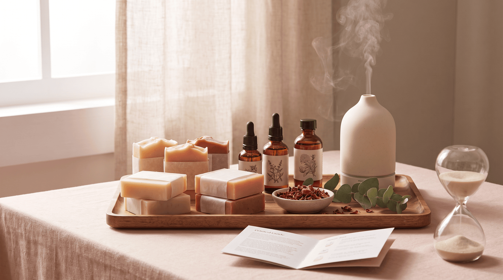 Hand blended aromatics arranged on a soft linen surface